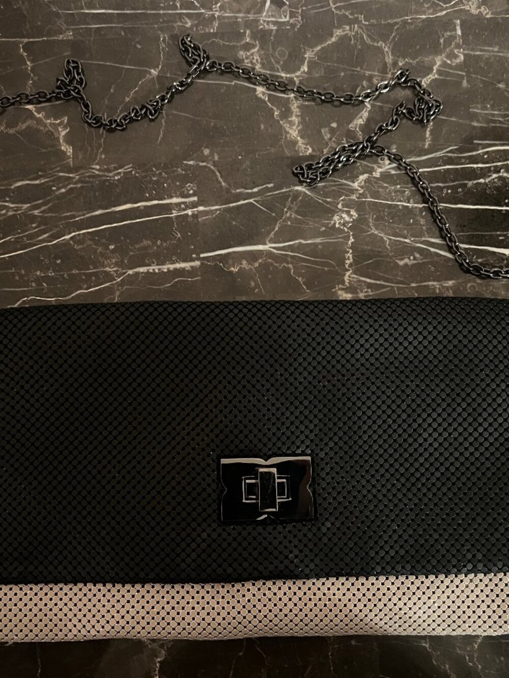 BCBGMAXAZRIA Black Cream Mesh Evening Clutch Purse with Chain Strap